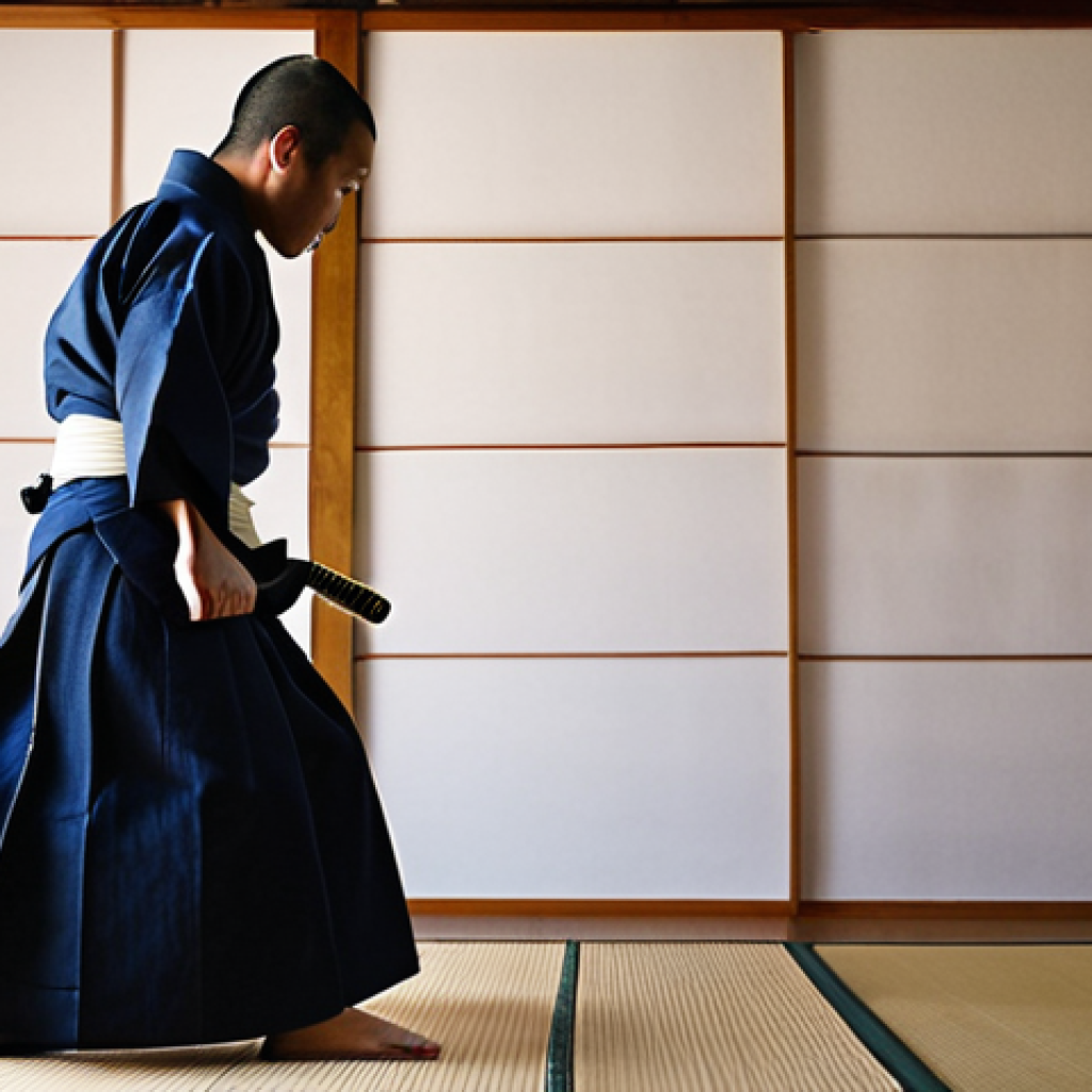 **Prompt:** A kendo practitioner in a perfectly fitted, traditional cotton kendo gi and hakama, demonstrating correct posture. Soft, natural lighting highlights the fabric's texture and the gi's elegant cut. Background: a dojo setting with blurred kendo training in progress. Focus on the quality and fit of the clothing.