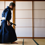 **Prompt:** A kendo practitioner in a perfectly fitted, traditional cotton kendo gi and hakama, demonstrating correct posture. Soft, natural lighting highlights the fabric's texture and the gi's elegant cut. Background: a dojo setting with blurred kendo training in progress. Focus on the quality and fit of the clothing.