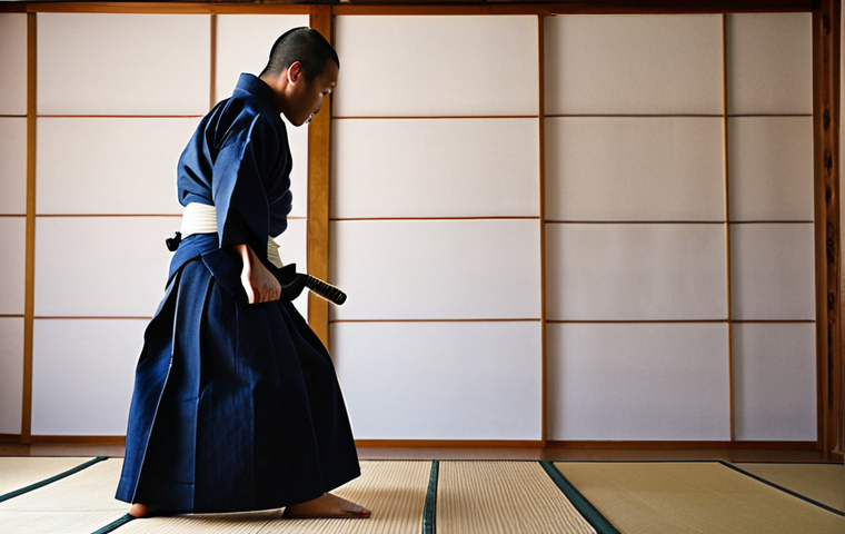 **Prompt:** A kendo practitioner in a perfectly fitted, traditional cotton kendo gi and hakama, demonstrating correct posture. Soft, natural lighting highlights the fabric's texture and the gi's elegant cut. Background: a dojo setting with blurred kendo training in progress. Focus on the quality and fit of the clothing.